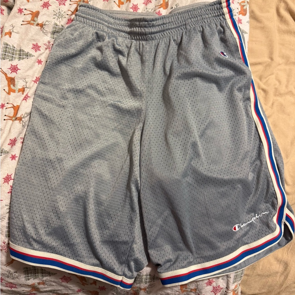 Champion Men's Gray Athletic Shorts with Red and Blue Trim